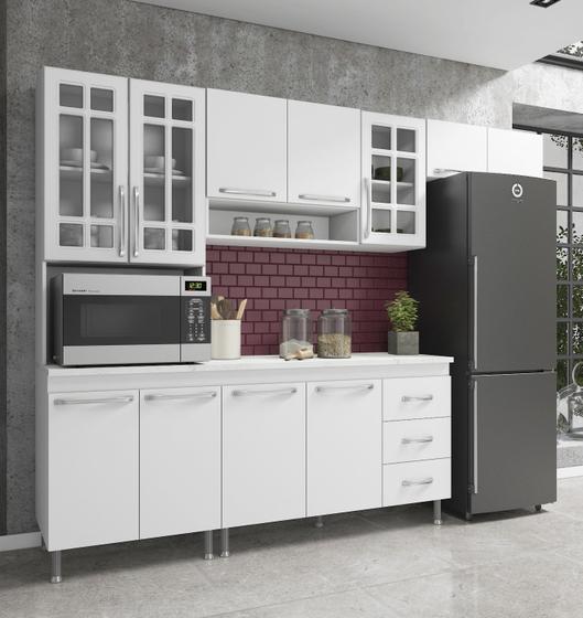 Imagem de Cozinha Modulada Completa Fidelitá Viena 4 Peças 260cm 11 Portas 3 Gavetas Com Tampo Branco