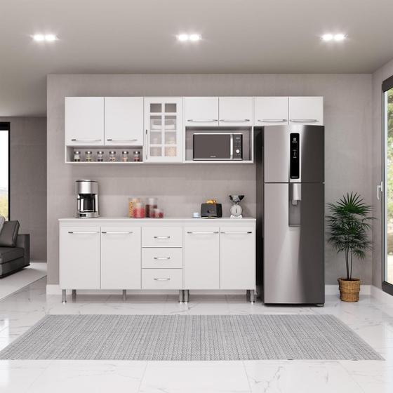 Imagem de Cozinha Modulada Completa Fidelitá Viena 5 Peças 260cm 11 Portas 3 Gavetas Com Tampo Branco