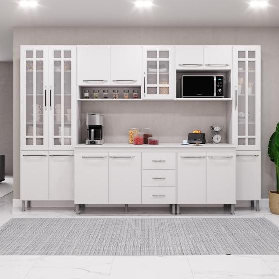 Cozinha Modulada Completa Fidelitá Viena 6 Peças 295cm 15 Portas 3 Gavetas Com Tampo Branco Menor preço em Cozinha Modulada Completa Fidelitá Viena 6 Peças 295cm 15 Portas 3 Gavetas Com Tampo Branco