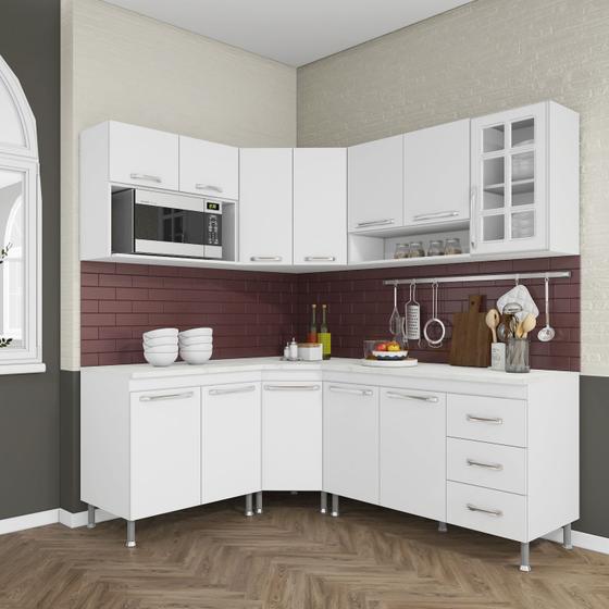 Cozinha Modulada Completa Fidelitá Viena 6 Peças 340 Cm 12 Portas 3 Gavetas Com Tampo Branco Menor preço em Cozinha Modulada Completa Fidelitá Viena 6 Peças 340 Cm 12 Portas 3 Gavetas Com Tampo Branco