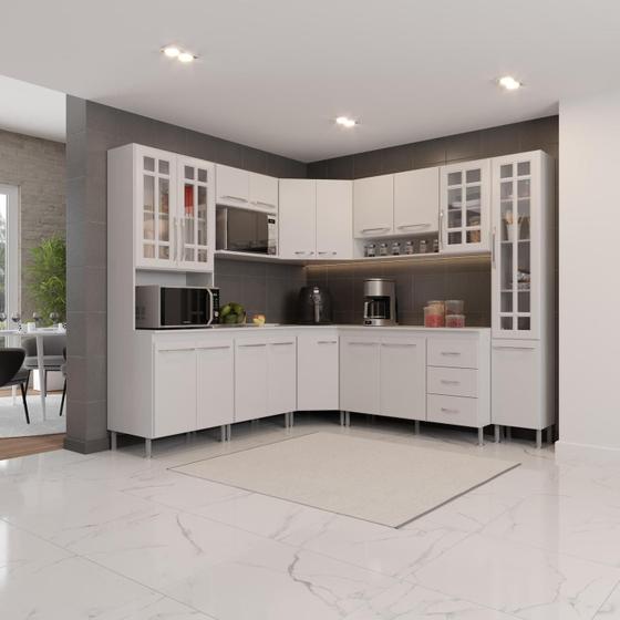 Imagem de Cozinha Modulada Completa Fidelitá Viena 8 Peças 445cm 18 Portas 3 Gavetas Com Tampo Branco