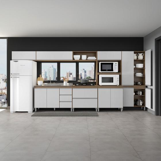 Imagem de Cozinha Modulada Completa Sabrina 440 x 202 Cm 7 Peças MDP Branco MENU