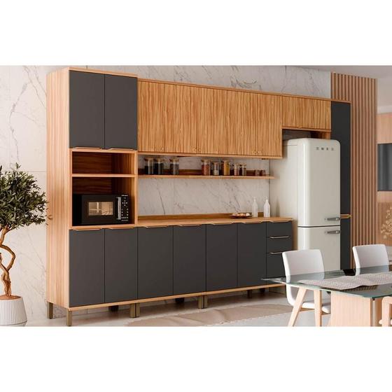 Imagem de Cozinha Modulada Completa Sauvignon 9 Peças (Aéreos+2Balcões+1Paneleiro+1TorreQuente+2Complementos) C9P94 Amendoa/Grafite - Ronipa