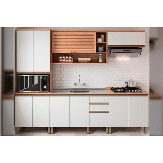 Imagem de Cozinha Modulada Completa Thela Macadâmia 5 Peças (2Aéreos+1Balcão+2Paneleiros) CZC18 Freijo/Branco - Telasul