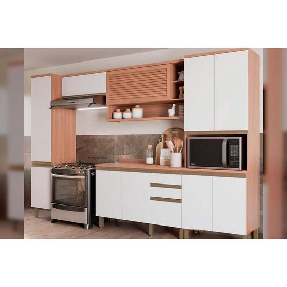 Imagem de Cozinha Modulada Completa Thela Macadâmia 5 Peças (2Aéreos+1Balcão+2Paneleiros) CZC19 Freijo/Branco - Telasul