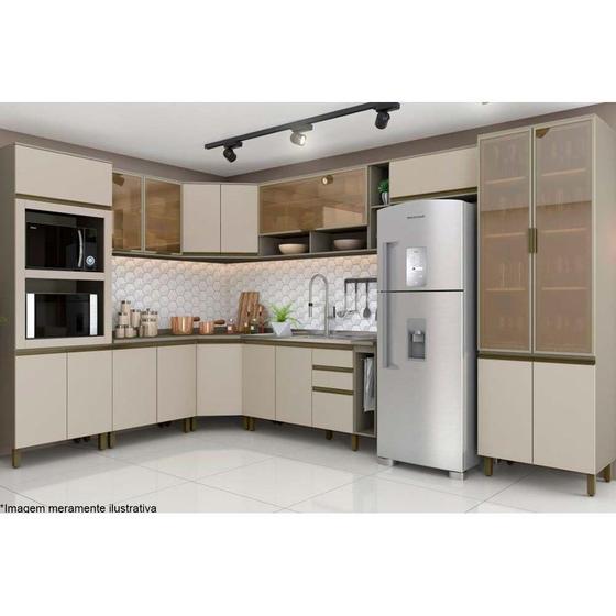 Imagem de Cozinha Modulada Henn Connect 15 Peças (5 Armários + 3 Balcões + 2 Paneleiros + 5 Complementos) C15P01 Duna/Cristal