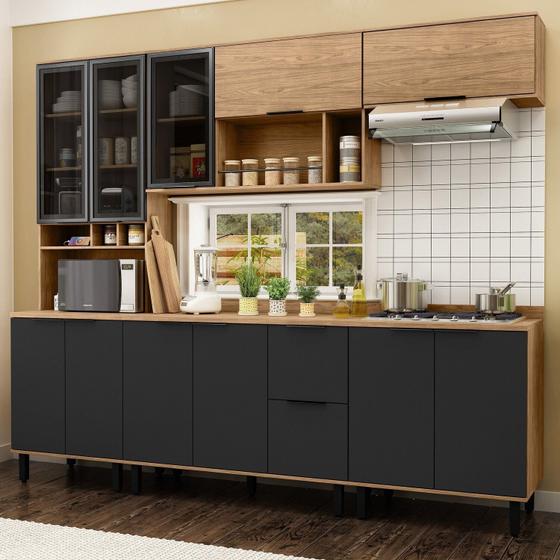 Imagem de Cozinha Modulada Toscana 5 Peças Mdf com Aéreo 1200 Porta de Vidro e Paneleiro com Tampo