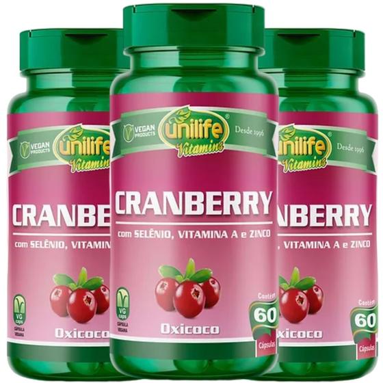 Imagem de Cranberry Suplemento Alimentar Vegano 60 cápsulas de 500mg Unilife Kit com 3