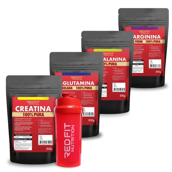 Imagem de Creatina Monohidratada 500g L-Glutamina 500g L-Arginina 500g Beta-Alanina 500g - 100% Pura Importada - Red Fit Nutrition