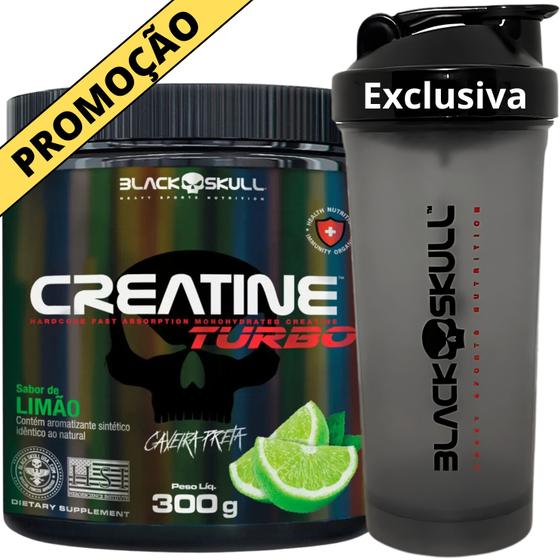 Imagem de Creatina Monohidratada TURBO 300g Black Skull + Coqueteleira Fumê 600ml - Kit Creatine Para Ganho de Massa Muscular - Energia - Força + Shakeira 600ml