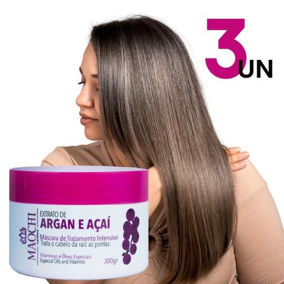 Imagem de Creme De Tratamento Extrato De Argan E Açaí 3x300g Maochi Ação Neutralizante Pré e Pós Quimica