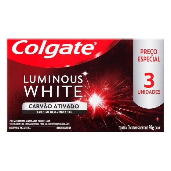 Imagem de Creme Dental Colgate Luminous White Charcoal Carvão Ativado 70g - Embalagem com 3 Unidades
