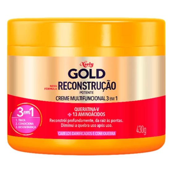 Imagem de Creme Multifuncional 3 em 1 Niely Gold Reconstrução Potente Queratina-V + 13 Aminoácidos 430g