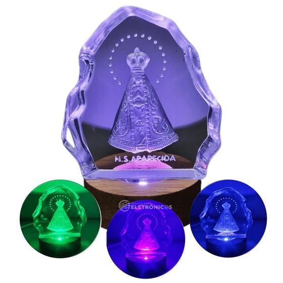 Imagem de Cristal Nossa Senhora Aparecida Cubo Vidro + Base Led RGB Luminosa 10cm KIT061