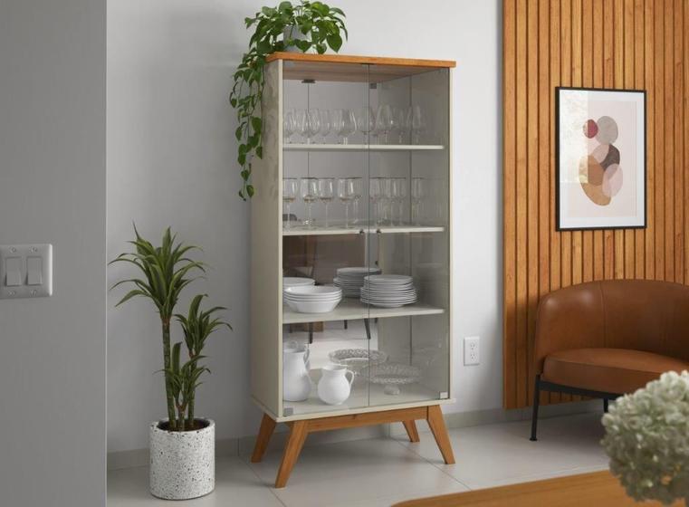 Imagem de Cristaleira OR Estilo Retrô Com Portas em Vidro Temperado Cor Off White / Cinamomo