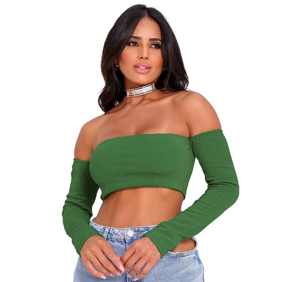 Imagem de Cropped Blusa Ciganinha Ombro A Ombro Manga Longa Blogueira