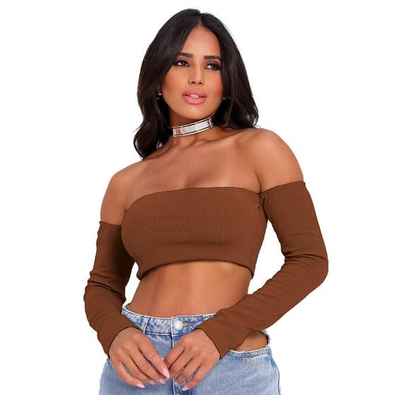 Imagem de Cropped Blusa Ciganinha Ombro A Ombro Manga Longa Blogueira