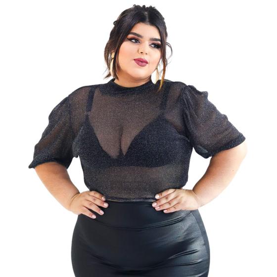 Imagem de Cropped Blusa Feminina Tule Lurex Plus Size Manga Bulfante Festa Brilho - Zoe 23