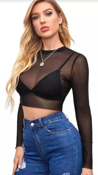 Imagem de Cropped Blusa Feminina Tule Transparente Manga Longa Balada