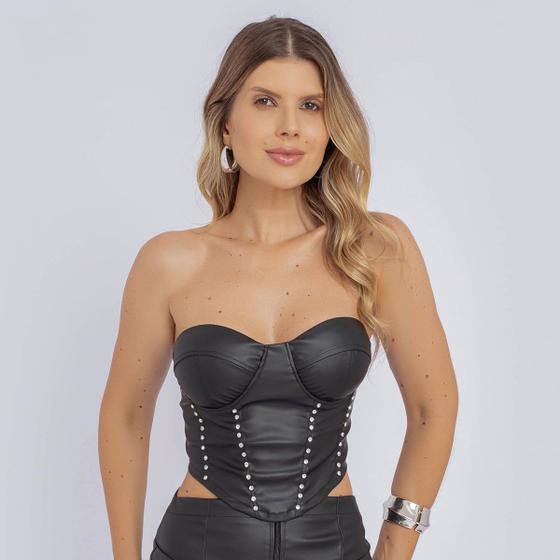 Imagem de Cropped Corset sem alça De Amarrar Couro Eco Strass