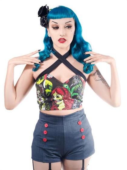 Imagem de Cropped de Malha Alça Cruzada Pin Up Mexican Skull Estampa Caveira Trapézia