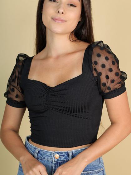 Imagem de Cropped Feminino Adulto Manga Bufante Canelado Bojo Removível Tule Poá Verão Blusa Feminina Moda Gringa Blogueira