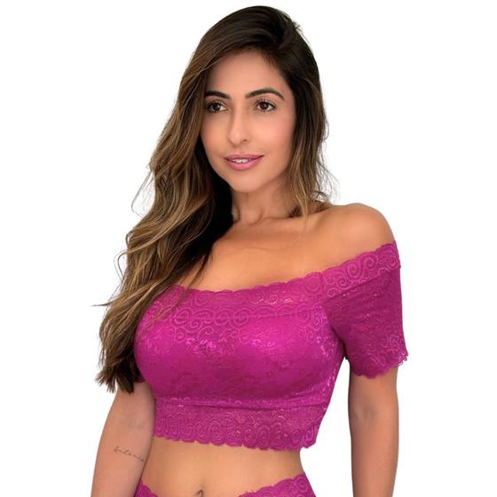 Imagem de Cropped Feminino com manga ciganinha Rendado com Bojo Blusa Feminina