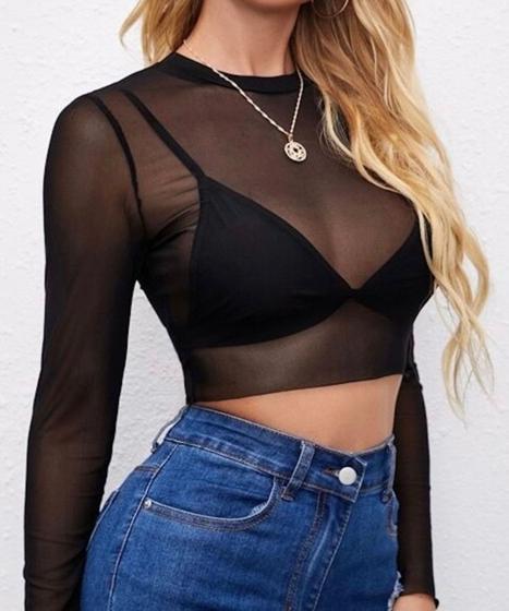 Imagem de Cropped Feminino De Tule Transparente Manga Longa