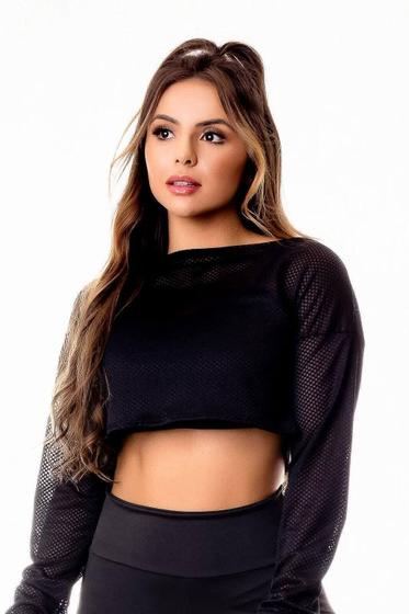 Imagem de Cropped Feminino Fitness Top Manga Longa com Tela Dry Fit