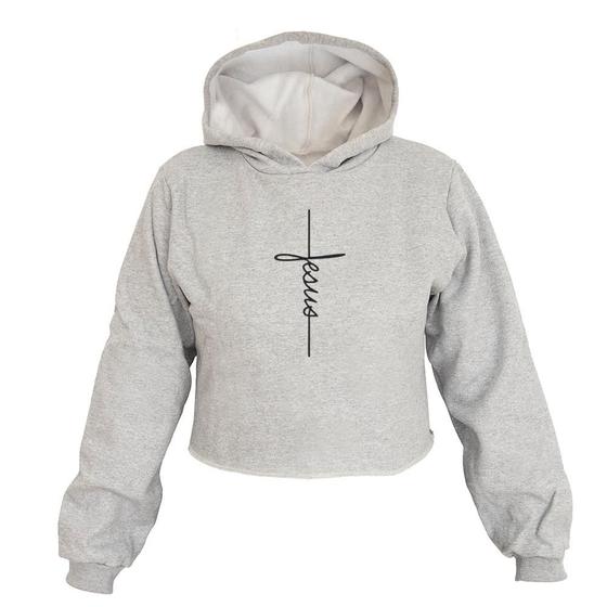 Imagem de Cropped Feminino Moletom Estampa Cruz Jesus Capuz Inverno