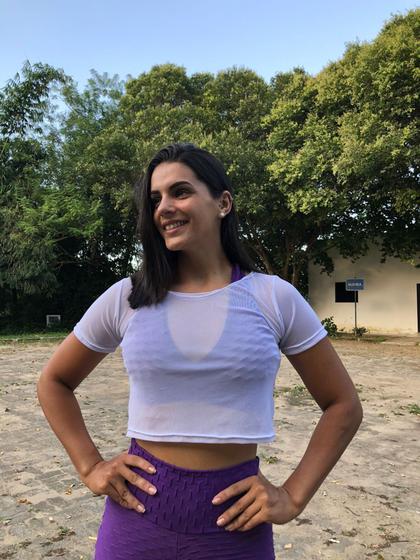 Imagem de Cropped feminino tule blusa fitness academia