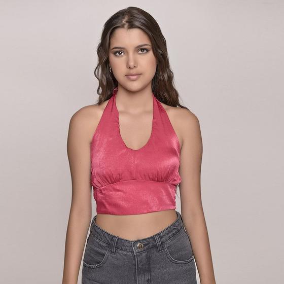 Imagem de Cropped Frente única Juvenil Feminino Amofany Em Tecido  Acetinado - PINK - P