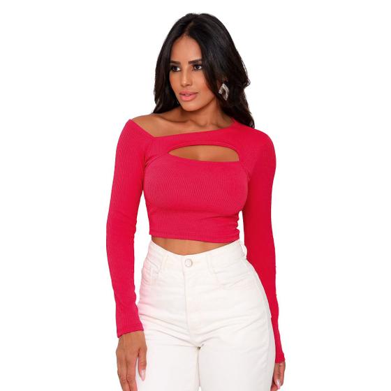 Imagem de Cropped Manga Longa Blusa Feminina Decote Vazado Blogueira