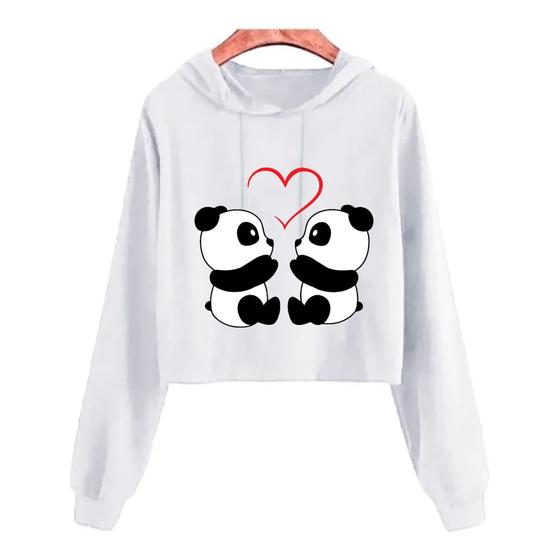 Imagem de Cropped Moletom Flanelado Casual Feminino Touca Casal Panda