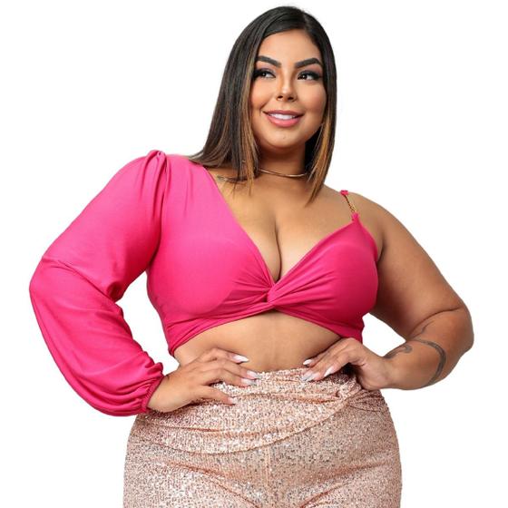 Imagem de Cropped nula manga longa decote V nó torcido alça corrente slim e plus size blusa top manga unica comprida bufante malha suplex com bojo 36 ao 56