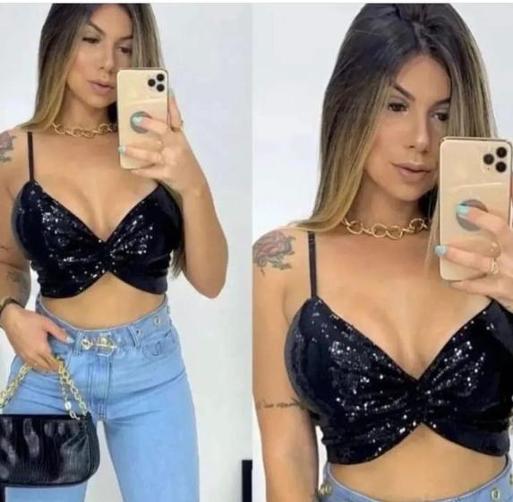 Imagem de Cropped Regata Blusinha Blusa Top Paete Renda Bojo Decote -PÉROLA - S