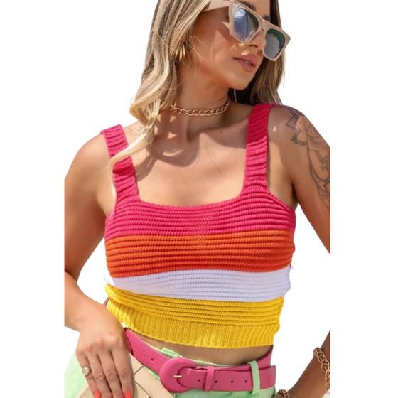 Imagem de Cropped Regata Nervura Listrado Colorido Tricot Blogueira