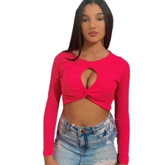 Imagem de Cropped top decote torcido manga longa torção alta custura moda feminina moda outono