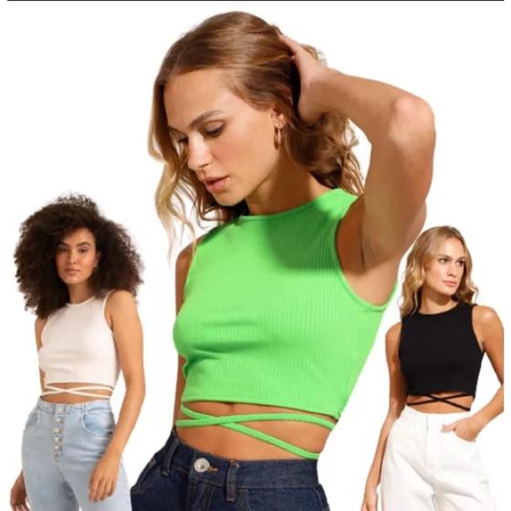 Imagem de Cropped top feminino canelado cavado x na frente amarração atrás