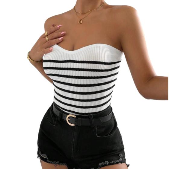 Imagem de Cropped top tubinho sem alça listras moda tricot feminina verão