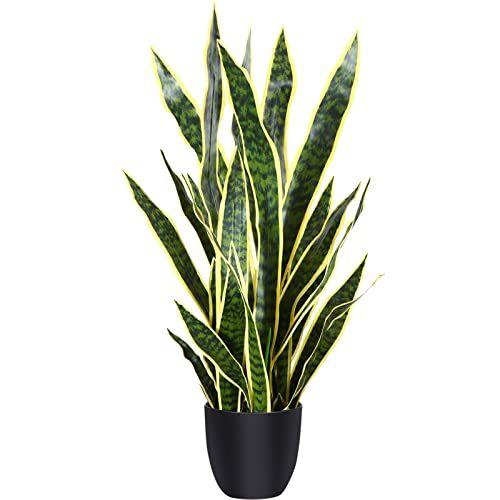 Imagem de CROSOFMI Planta de cobra artificial 35 polegadas falsa árvore de Sansevieria com 32 folhas perfeita falsa mãe em plantas de lei em vaso para casa interior Home Office jardim decoração moderna Housewarming presente, amarelo