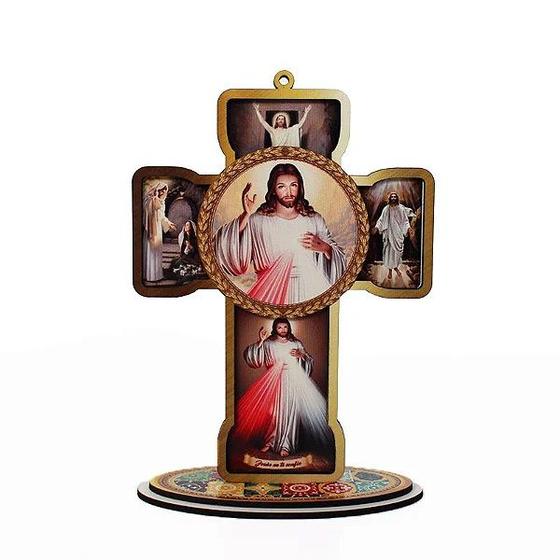 Imagem de Crucifixo Cruz Sacra Jesus Misericordioso Mesa e Parede MDF 20 Cm