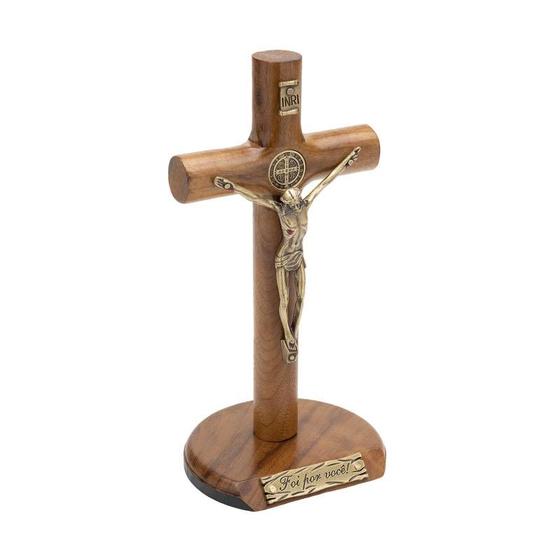 Imagem de Crucifixo de Madeira Cilíndrico com São Bento 17cm - "Foi por você!"