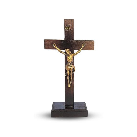 Imagem de Crucifixo de Mesa com Cristo 21cm Cruz de Madeira Pinus com Base Rústica Artesanal com Pedestal Alto Brilho Para Altar