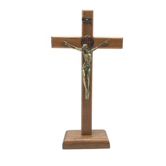 Imagem de Crucifixo De Mesa São Bento Madeira Clara 23 Cm