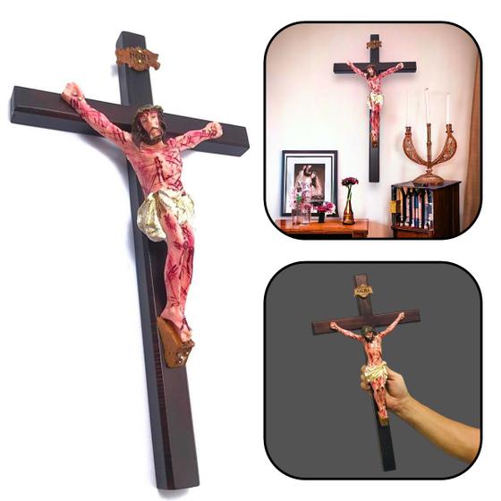 Imagem de Crucifixo De Parede Madeira Cristo Chagado Resina 50 Cm