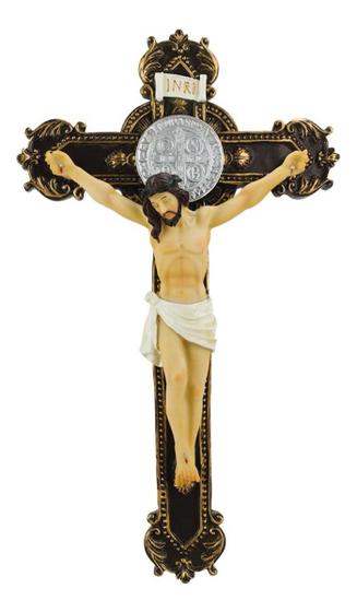 Imagem de Crucifixo De Parede Marrom Resina Realista Jesus Cruz 38cm