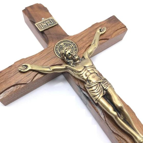Imagem de Crucifixo De Parede Moldado São Bento Madeira OV 25 Cm