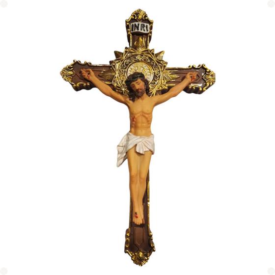 Imagem de Crucifixo em resina 20cm para parede com medalha são bento