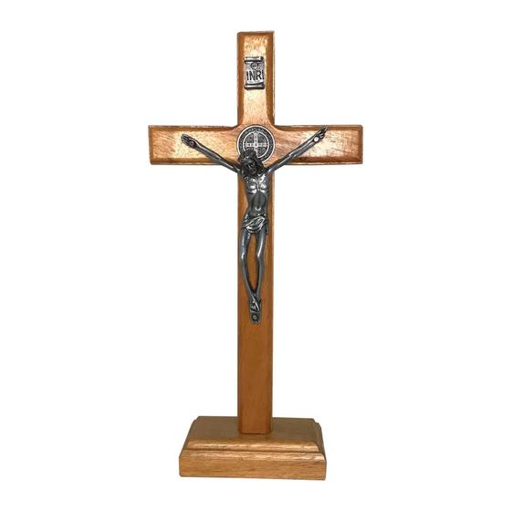 Imagem de Crucifixo P/ Mesa/Parede Em Madeira C/ Medalha De São Bento Em Metal Nas Cores Ouro Ou Onix De 21cm
